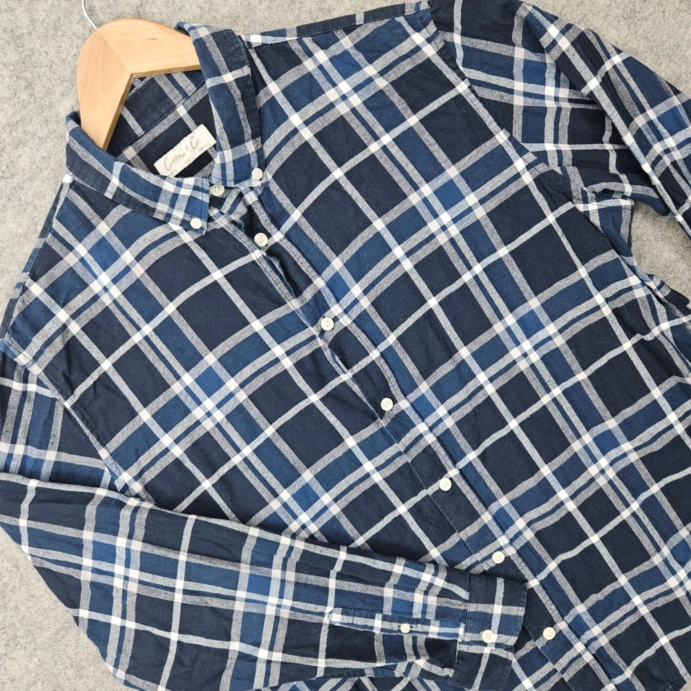 Cotton & Co Flannel Button Down Shirt Men's Large Blue Plaid Long Sleeve Cotton